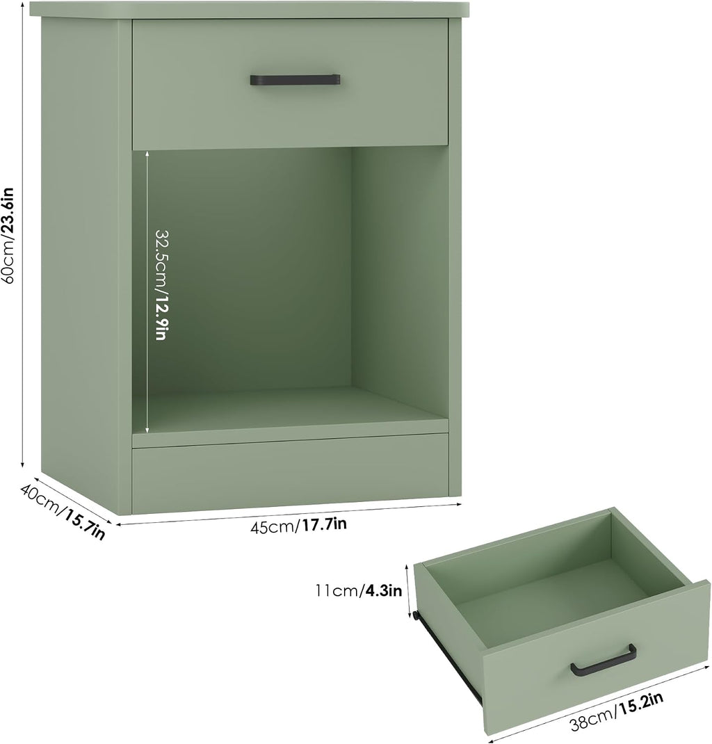 FOTOSOK Nightstand Set of 2 with Drawer and Storage Shelf | Night Stand Bedside Table End Table, Night Stand for Bedroom, Home Office, 15.7"D x 17.7"W x 23.6"H, Green