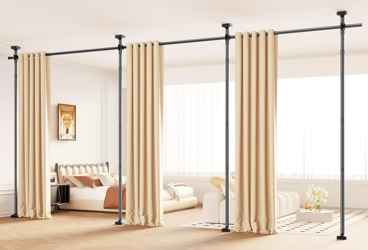 Room Divider for Room Separation,Tension Curtain Rods No Drilling for Room Separation, 4-10ft(H) 28-171inch(W) Heavy Duty Floor to Ceiling Tension Rod Divider for Temporary Privacy Wall Divider,Black