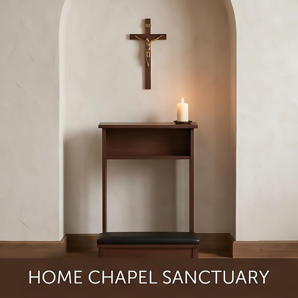 Wooden Prayer Bench for Kneeler Prayer and Meditation, Church Pulpit Kneeling Chair with Bible Storage Shelf, Natural Kneeler for Praying at Home(Brown)