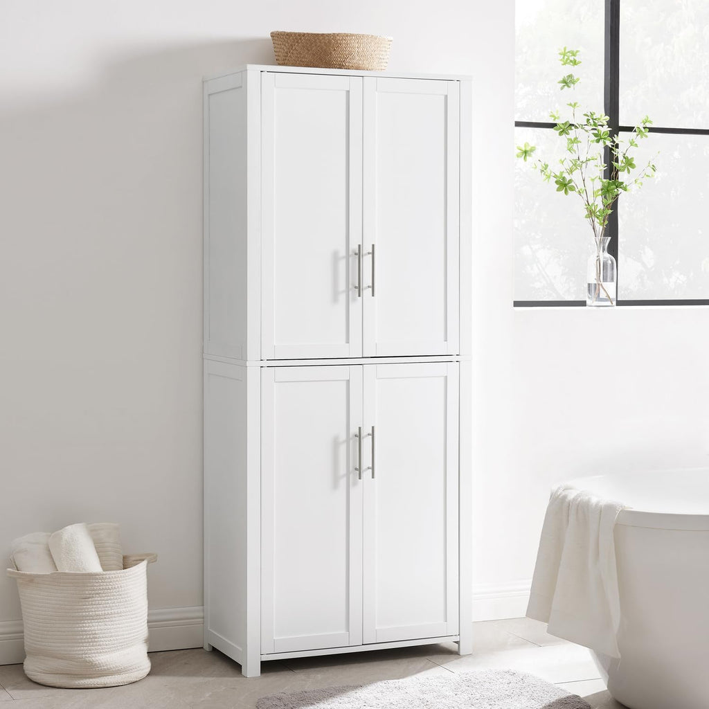 HomeStock Tall Pantry Cabinet - White Linen Storage - 15" D x 28" W x 67" H - Adjustable Shelves