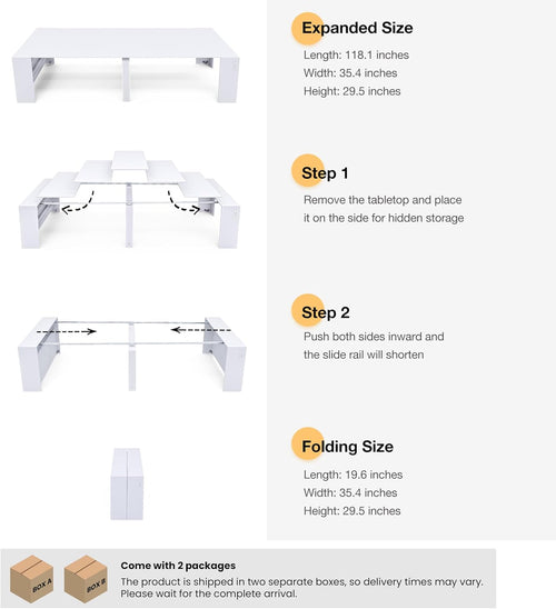 118.2" Modern Extendable Dining Table for 2 to 12 People with Outlet, Space Saving Expanding Table with Storage for Party, Weddings, Meetings, Celebrations (White)