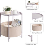 danpinera Round Side Table with Fabric Storage Basket, Small Coffee Table | Metal End Stand with Removable Serving Tray, Modern Nightstand for Small Space, Living Room, Bedroom, Nursery, Light Violet