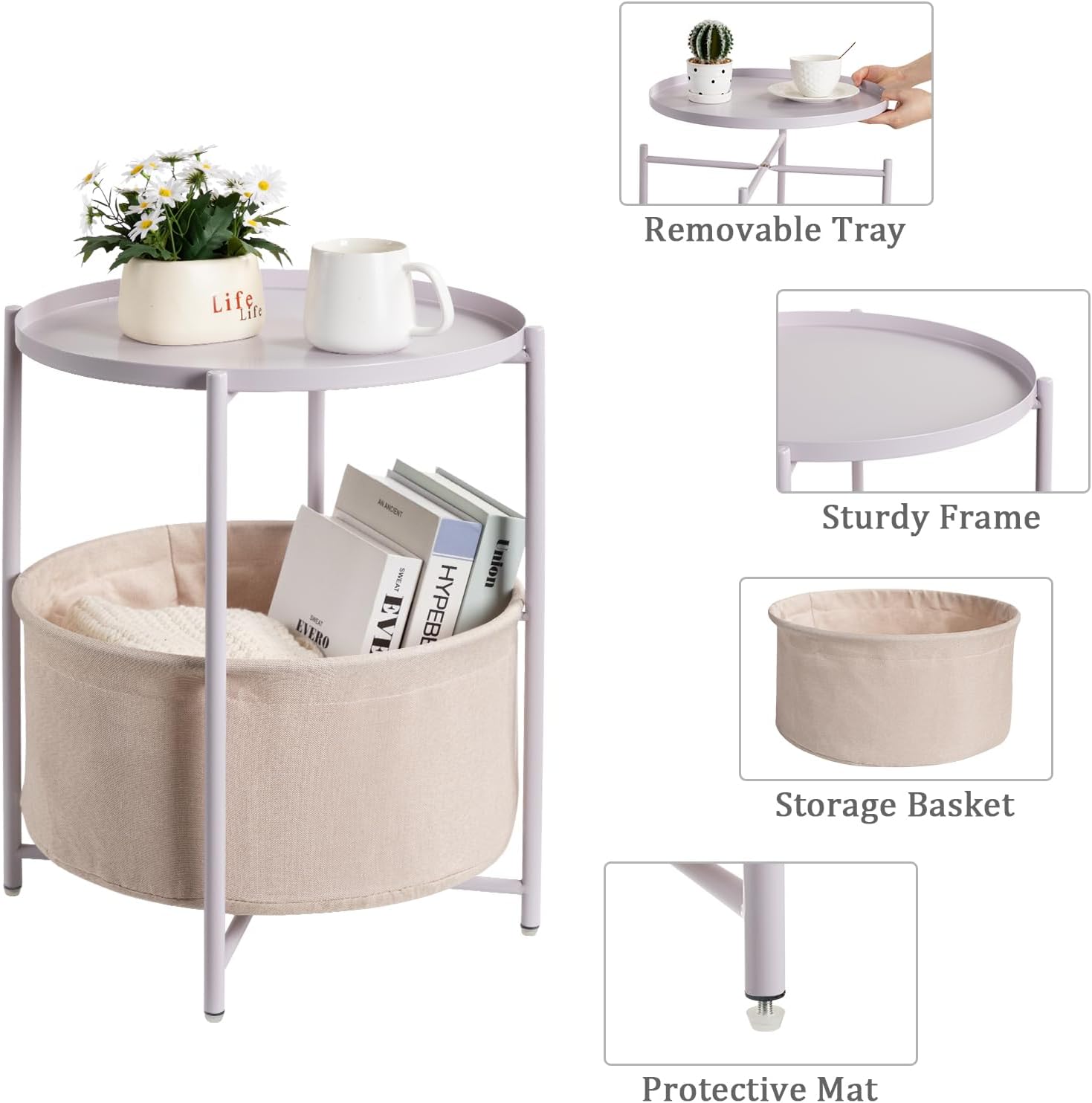 danpinera Round Side Table with Fabric Storage Basket, Small Coffee Table | Metal End Stand with Removable Serving Tray, Modern Nightstand for Small Space, Living Room, Bedroom, Nursery, Light Violet