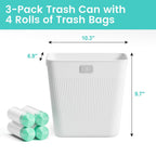 JOYMOOP Slim Trash Can 3-Pack, 2.2 Gallon Plastic Wastebasket for Bathroom, Bedroom, Office, Kitchen with 4 Rolls Bags, White