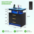 HNEBC Black Nightstand with 3 Drawers& Wireless Charging Station&LED Lights | Smart Bedside table with USB -C Port,3-Color Dimmable Light,Motion Sensor,Glass Top,Higt-Gloss for Bedroom,Ideal Home Decor