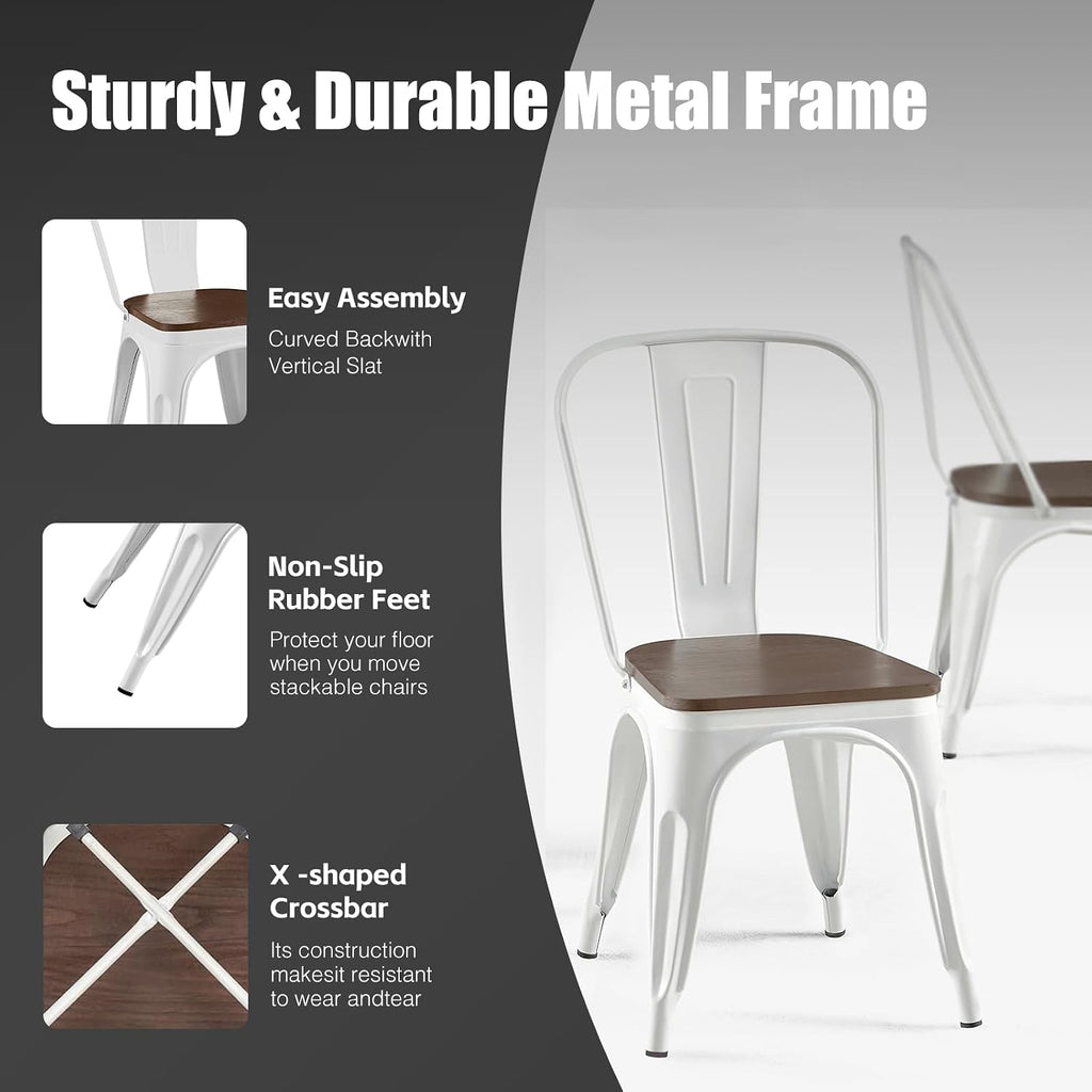 Metal Dining Chairs Set of 6 with Wooden Seat Iron Stackable Industrial Tolix Style Farmhouse Dining Room Bistro Outdoor Arctic White Color
