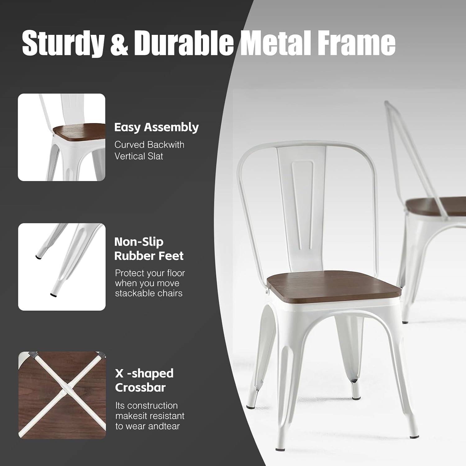 Metal Dining Chairs Set of 6 with Wooden Seat Iron Stackable Industrial Tolix Style Farmhouse Dining Room Bistro Outdoor Arctic White Color
