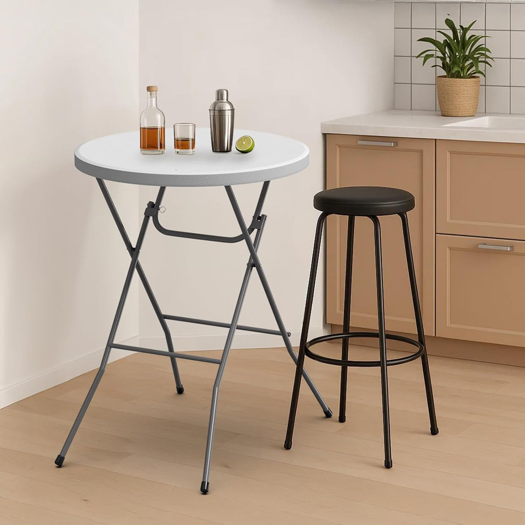 VINGLI 32" Plastic Folding Round Table Bar Height, HDPE Matrial with Gray Metal Finish, High Top Table for Outdoor Party, Cafes, Restaurants, Backyard, Dining Room, Wedding Event,1 Pack, White