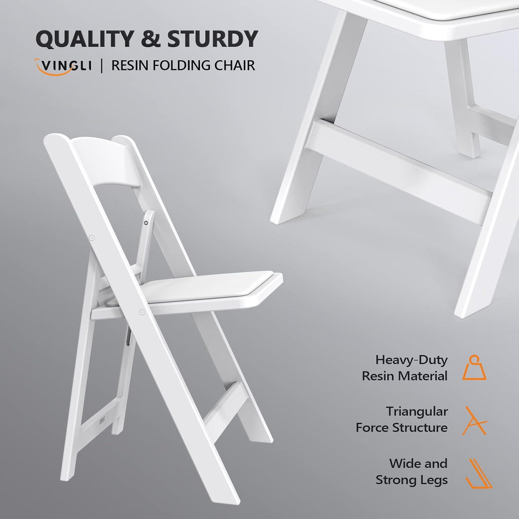 VINGLI White Resin Folding Chair with Padded Cushion, Set of 1, Plastic Foldable Seat for Indoor & Outdoor Use, Comfortable Design for Events, Parties & Home (1, White, M)