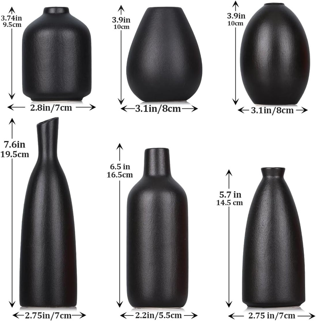 6 Pack Small Black Ceramic Bud Vases for Home Decor - Modern Boho Small Vases for Centerpieces in Bulk, Mini Flower Vases for Dry Flowers, Wedding, Table, and Party Decorations