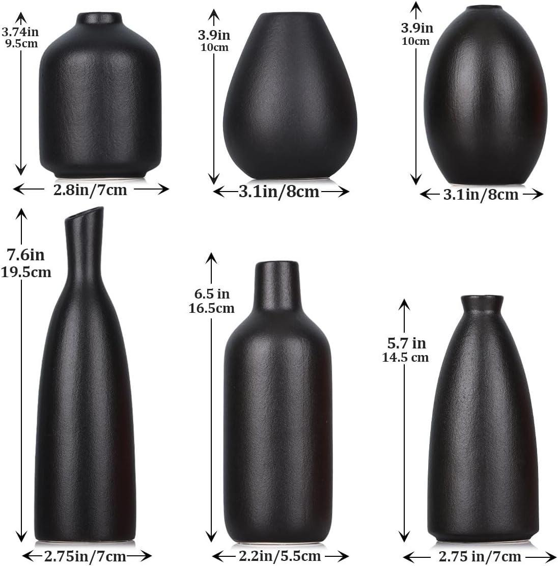6 Pack Small Black Ceramic Bud Vases for Home Decor - Modern Boho Small Vases for Centerpieces in Bulk, Mini Flower Vases for Dry Flowers, Wedding, Table, and Party Decorations
