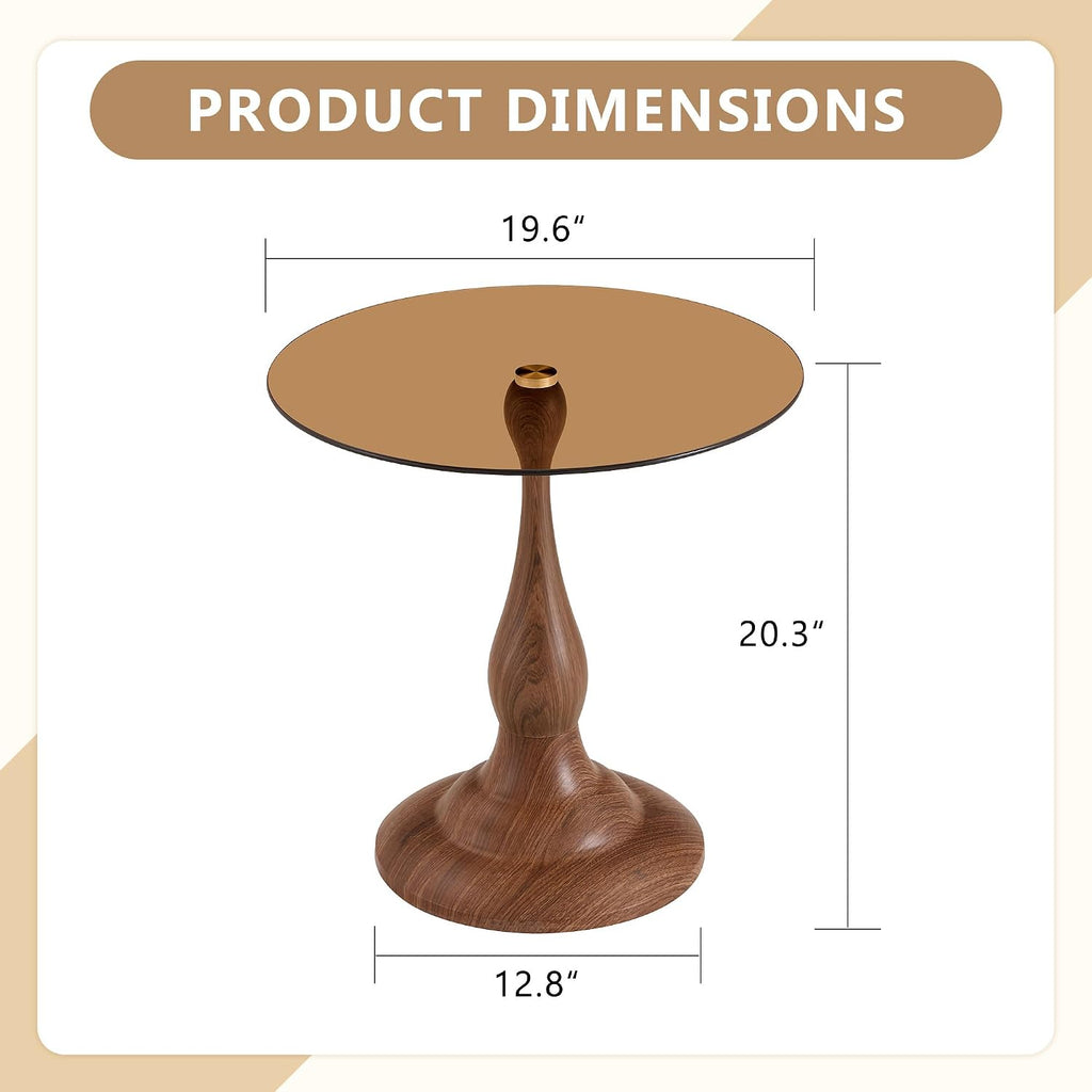 KEIKI Modern Side Table with Tempered Glass Top, Round Metal End Table for Living Room Bedroom Balcony, Small Accent Coffee Table for Sofa Side Bedside, 19.6", Walnut