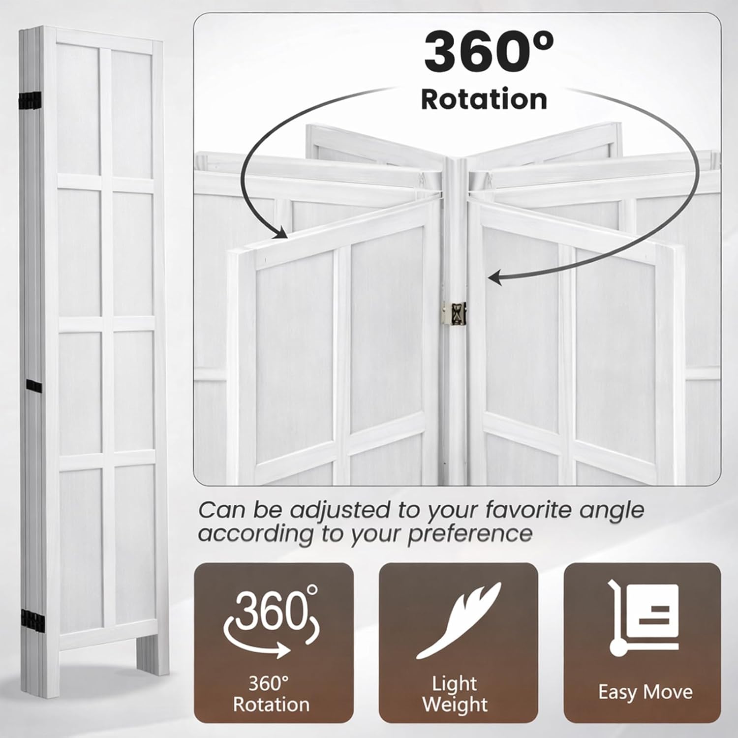 4 Panel Room Divider Folding Privacy Screen, 66.92″ Tall Solid Paulownia Wood Room Partition with 360° Hinges, Freestanding Wall Divider for Room Separation, Home, Bedroom, Office (White)