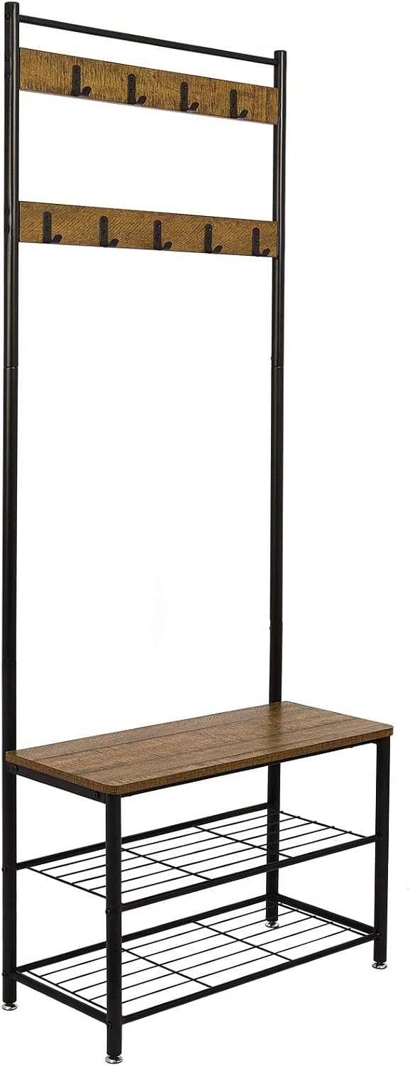 Meerveil Coat Rack Stand, Shoe Rack, Coat Rack Stand, Clothes Rack, Shoe Storage Bench with 9 Hooks, Metal Hall Tree, Metal Frame for Bedroom, Living, Room Hallway (Brown), Retro
