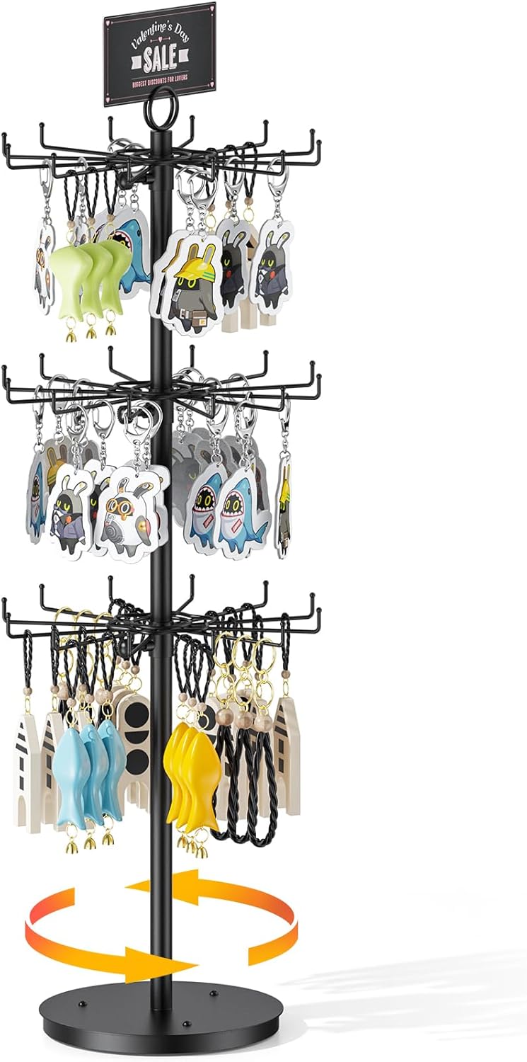 ORLESS 3 Tier Rotating Jewelry Display Stand, Keychain Display Stand with 36 Hooks, Black Metal Retail Display Spinning Holder for Vendor, Spinning Display Rack for Necklace Bracelet Earring Organizer