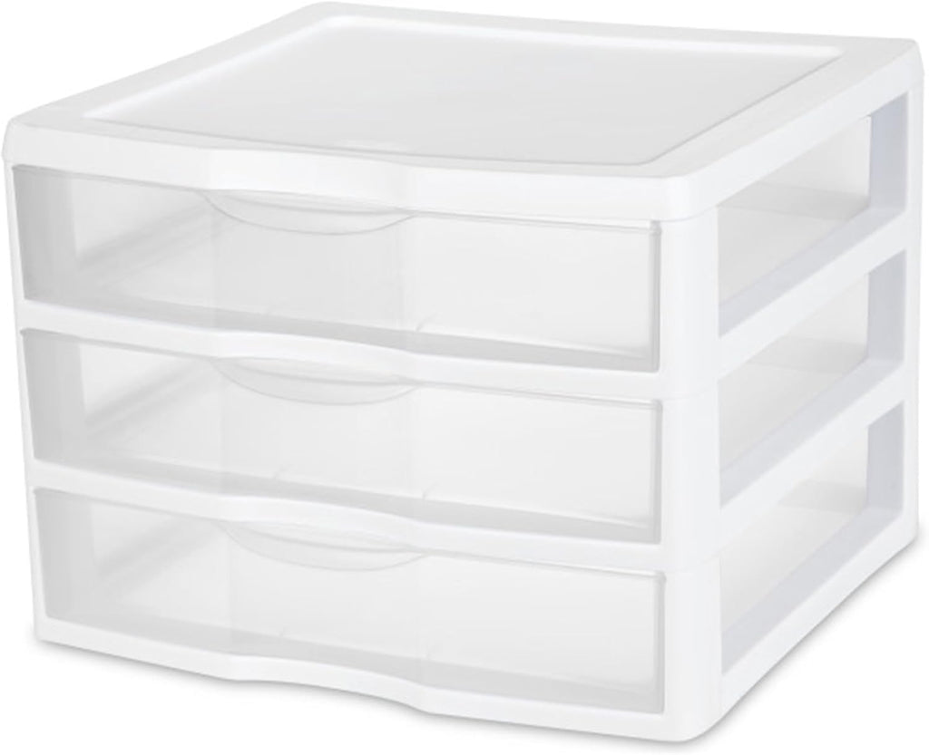 Sterilite 3-Pack Wide 3 Drawer Unit, Plastic Desktop Organizer with Clear Drawers, White Frame - Stackable Multi-Purpose Storage for Office Supplies, Craft Rooms, Classrooms and Home Organization