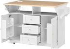 JIJIWANG Multifunctional Extendable Kitchen Island Cart with with Towel Rack,Spice Rack Shelf US Standard Outlet, 47 * 18 * 36inch,5 Wheels Mobile Kitchen Storage Cabinet,1 inchThick Top Board,White