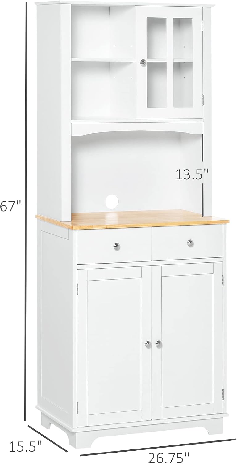 Freestanding 67" Kitchen Buffet with Hutch, Pantry Cabinet with Microwave Stand, Adjustable Shelf, 2 Drawers, Cupboard, White,15.5 * 26.8 * 67