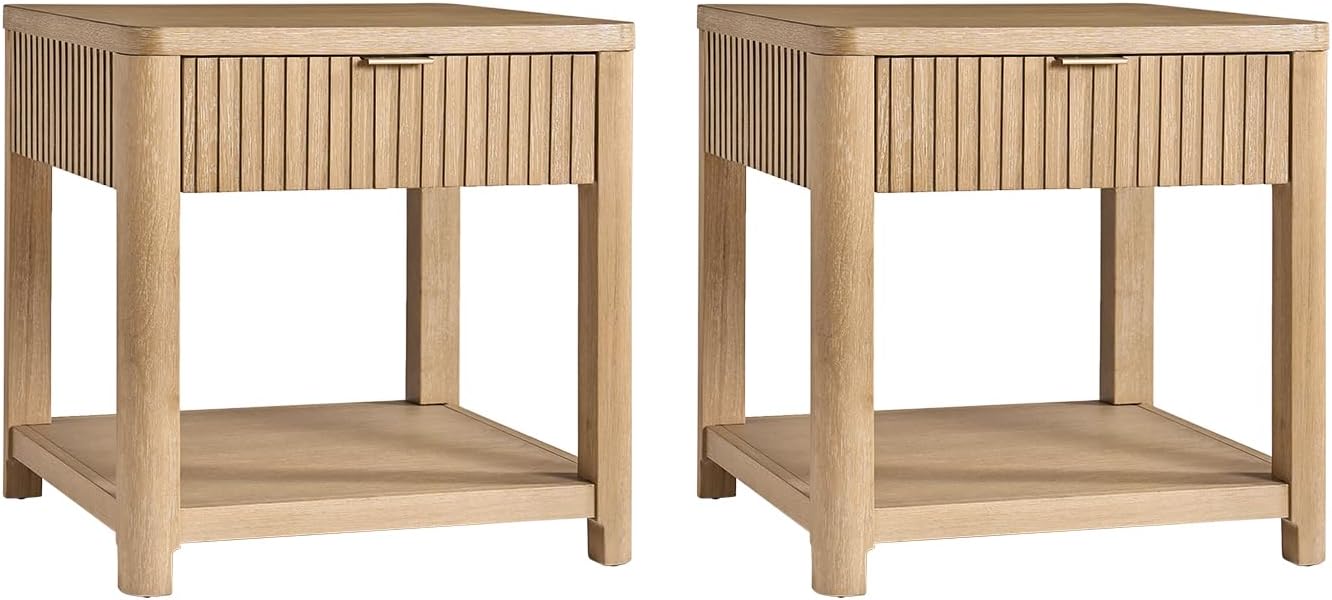 HULALA HOME Rubber Wood Frame End Table with Drawer, 24" Wood Side Table with Open Shelf, Oak Veneer Finish, Fluted Trim(Set of 2, Natural)