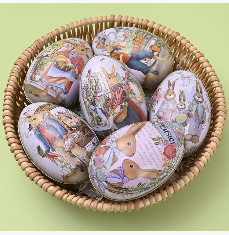 Vintage Easter Egg Tin Box (Style C), Metal Rabbit Easter Egg Containers for Candy & Treats, Reusable Decorative Gift Tin