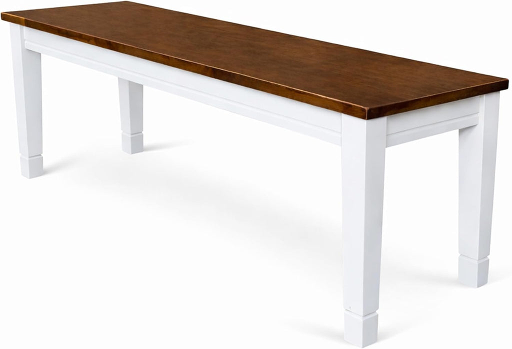 Modern Dining Bench, Dirty Oak/White Finish Solid Rubberwood