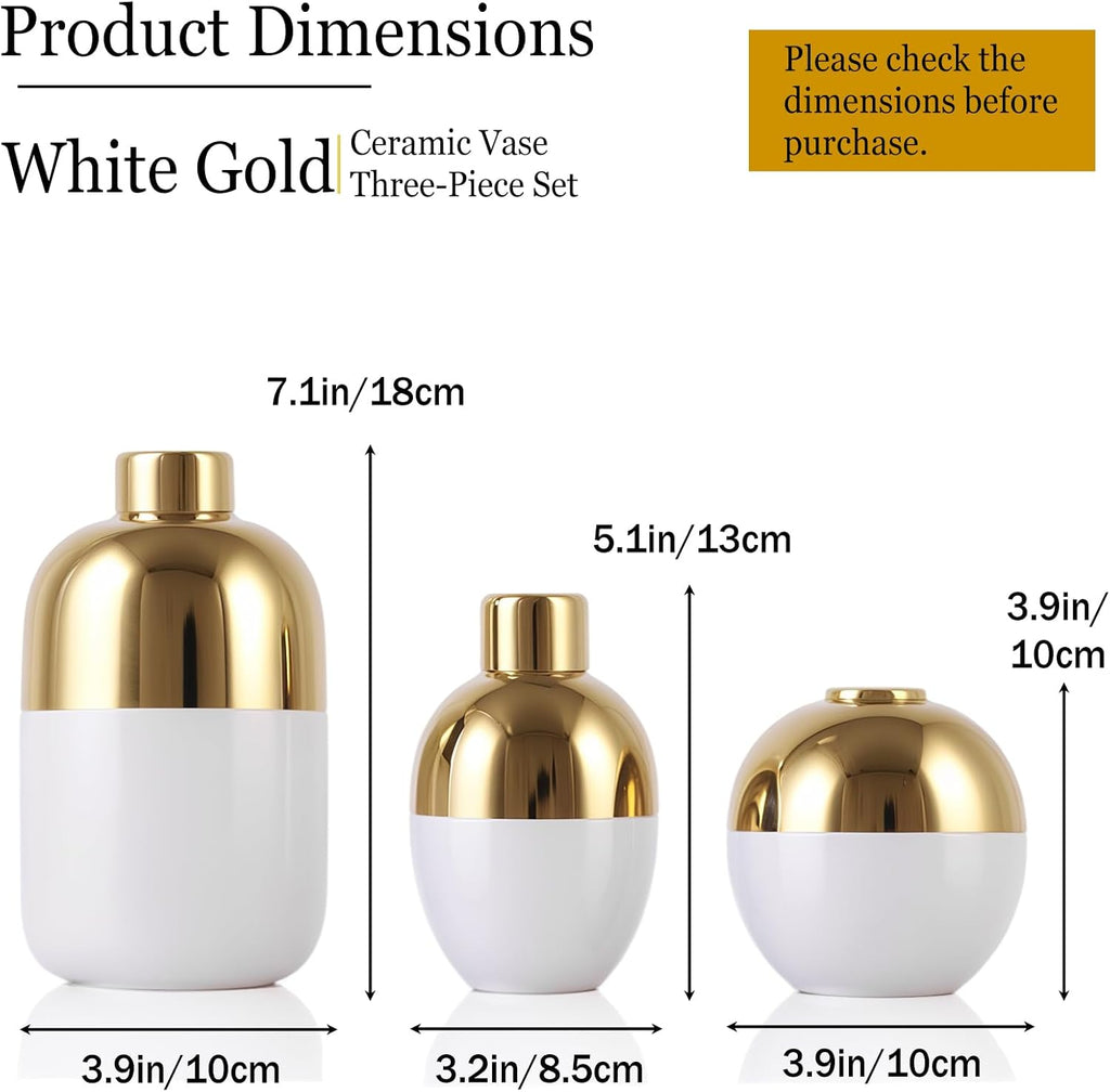 White & Gold Ceramic Vase Set of 3, Modern Round Circle Electroplated Two-Tone Decorative Vases for Pampas Grass, Dining Table Wedding Centerpiece, Living Room Bedroom Office Bookshelf