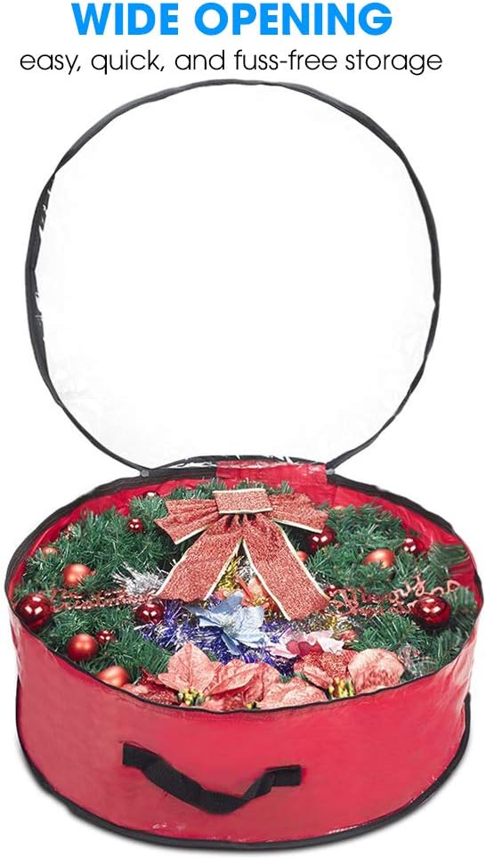 Propik Christmas Wreath Storage Bag 36" - Garland Holiday Container with Clear Window - Tear Resistant Fabric - 36" X 36" X 8" (Red)