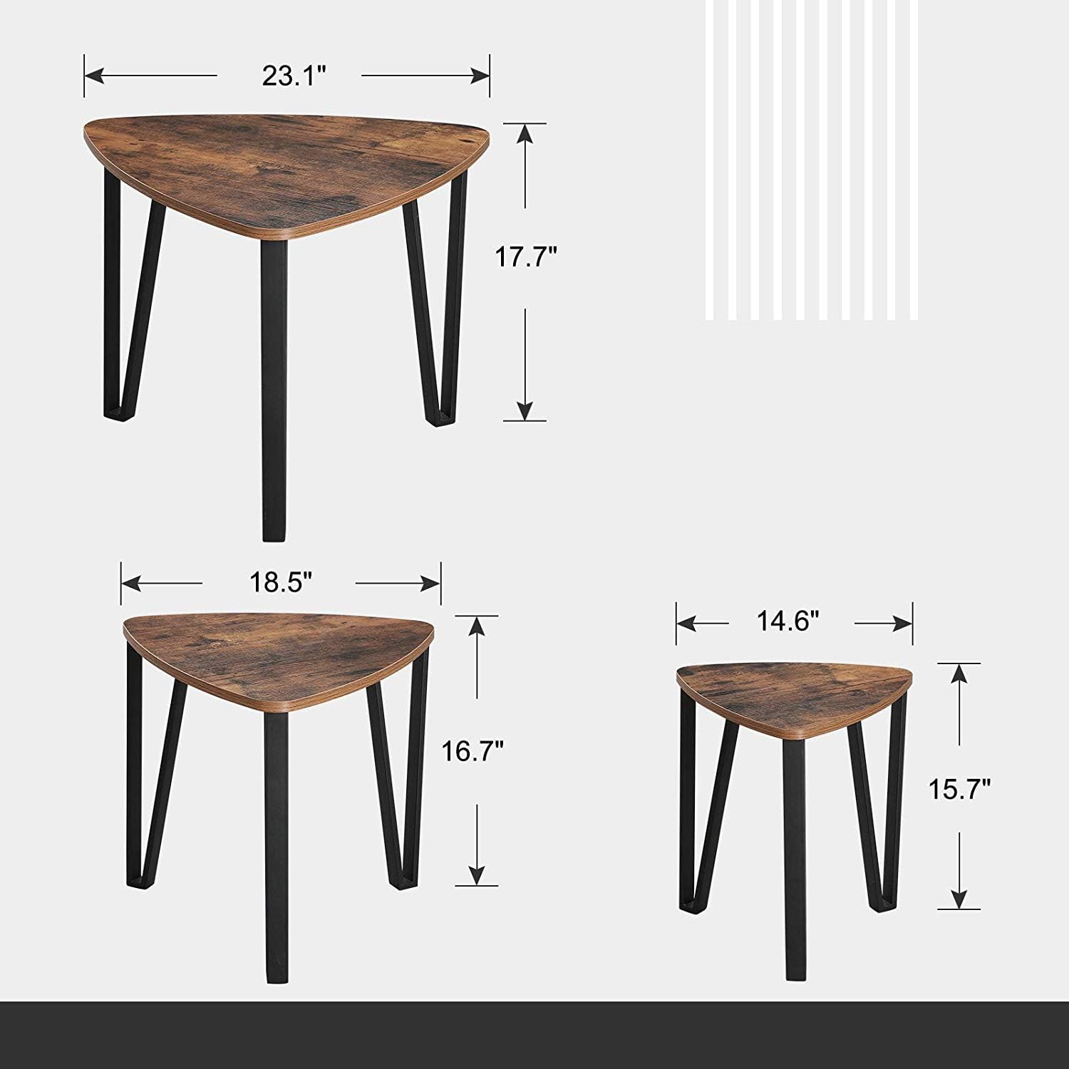DRM 3pcs Industrial Nesting Triangle Coffee, End, Console Tables; Stackable; Wood Look, Iron Frame
