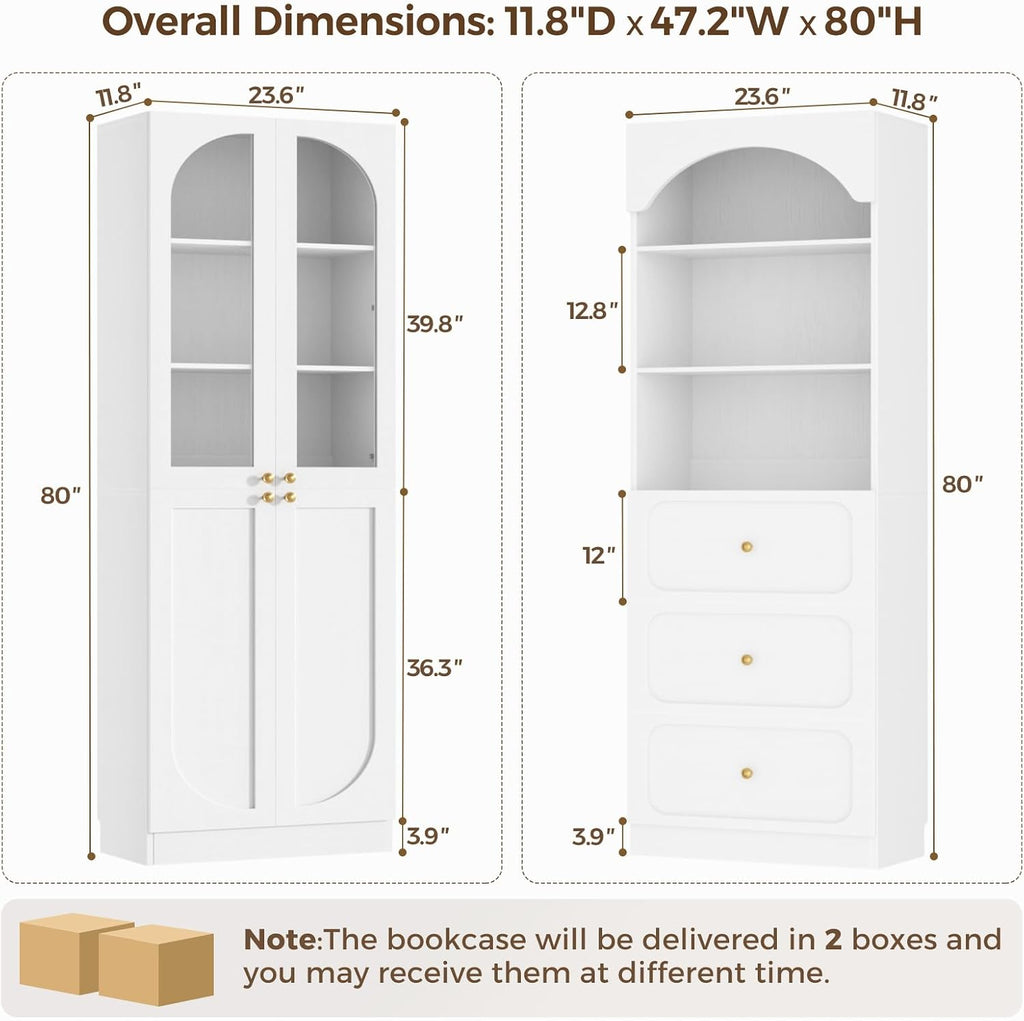 Cyclysio 80" Tall Pantry Cabinet with 3 Drawers, Arched Kitchen Storage Cabinets with 3-Tier Open Shelves and Glass Doors, Wood Floor Cupboard with Seamless Fit Wall for Living Room, Kitchen