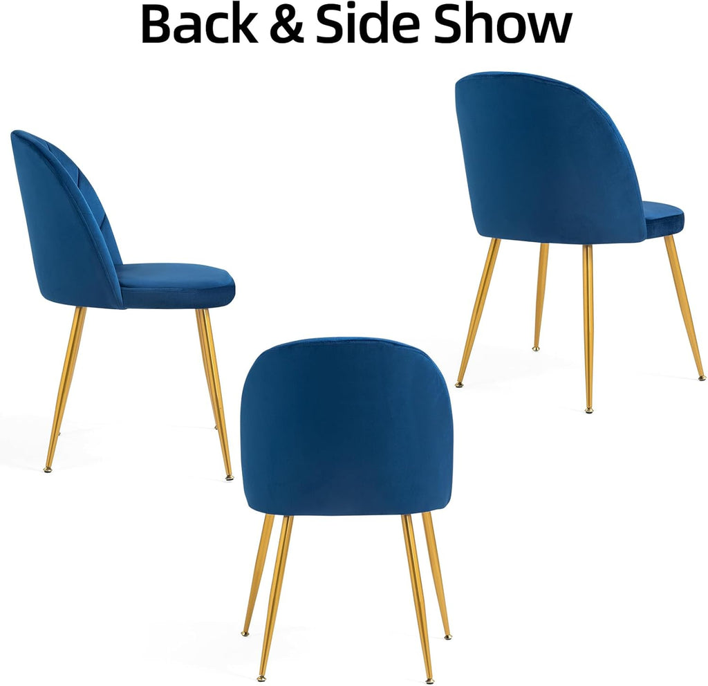Velvet Dining Chairs Set of 4, Upholstered Mid Century Modern Dining Chairs, Armless Accent Chair with Metal Gold Legs for Living Room, Kitchen, Dining Room, Blue