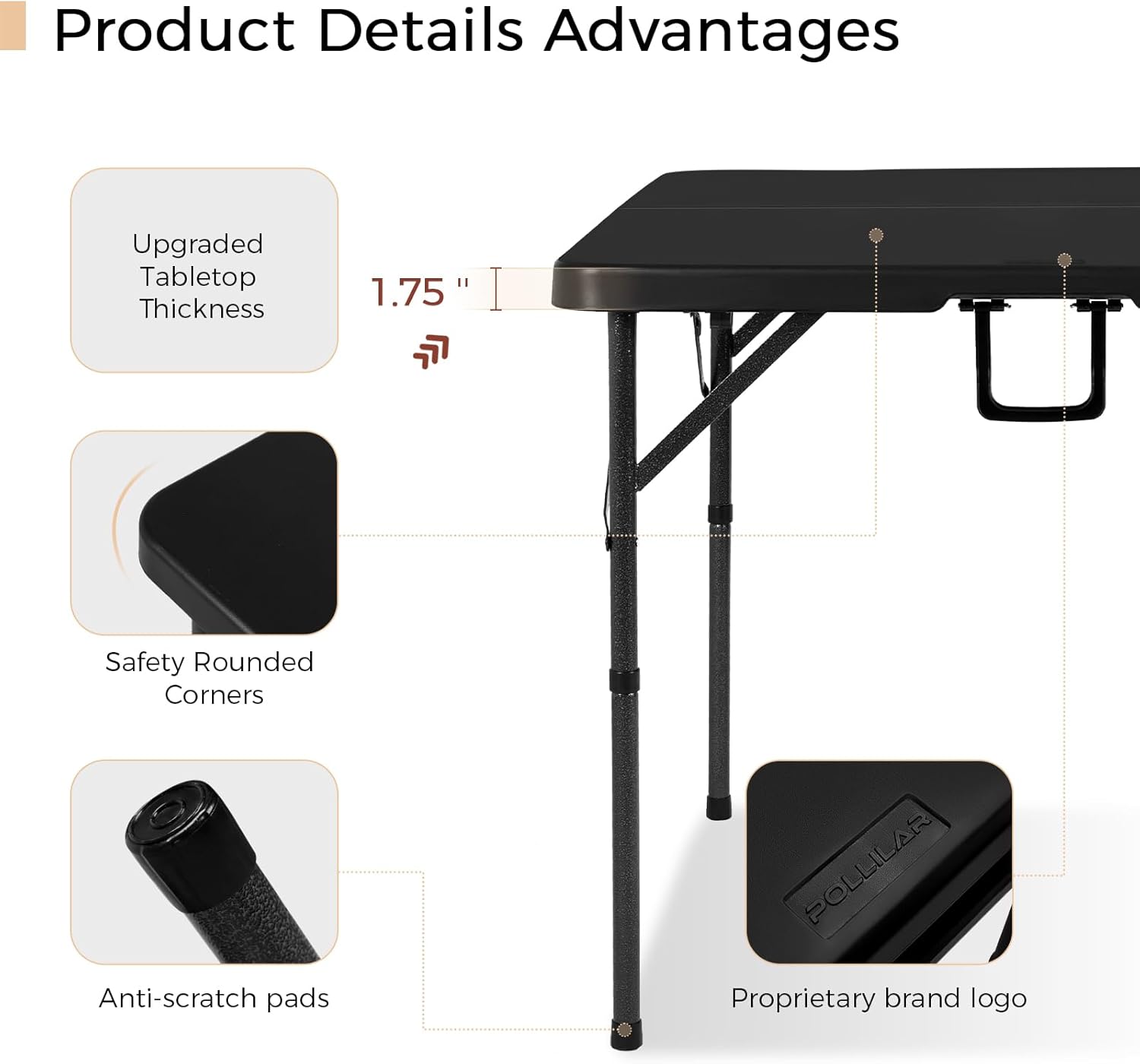 pollilar 34" Folding Card Table Square Foldable Table Plastic Portable with Detachable Legs, Dual Height Adjustable, Heavy-Duty Indoor Outdoor Dining, Game, Picnic, Mahjong Tables-Black
