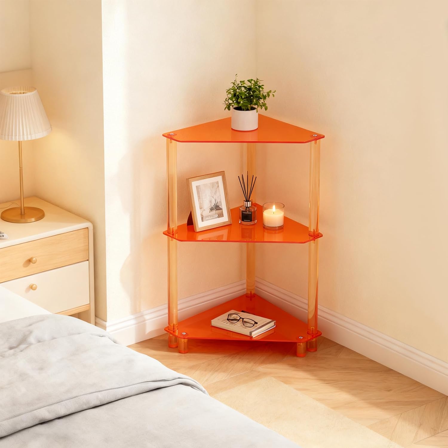 3-Tier Triangle End Table, Orange Acrylic Side Table for Living Room, Bedroom, Office, Freestanding Corner Shelf Stand for Small Space, 11.8"x11.8"x26", 22 lbs Capacity