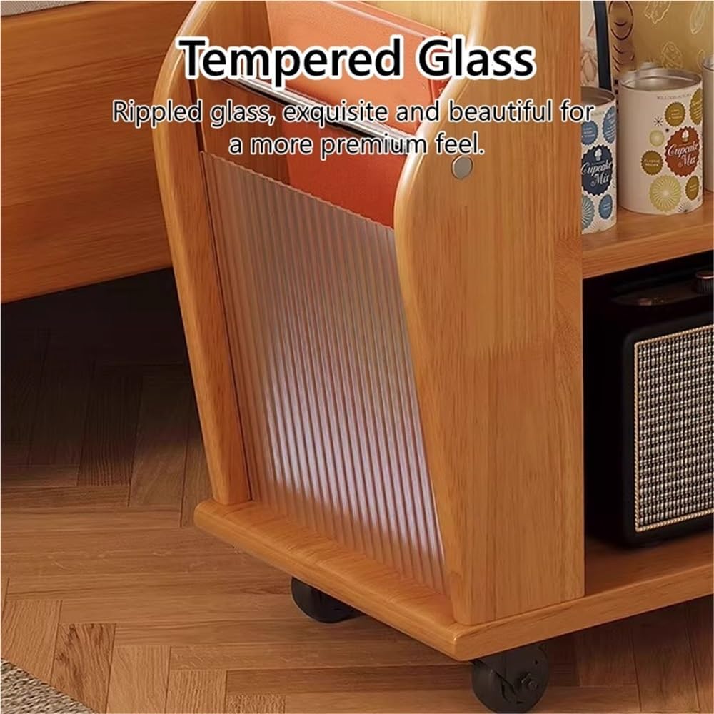 Movable Wood Side Tables with Casters, Rolling Table with Storage, Living Room End Tables with Magazine Rack, Multi-Functional Tables for Kitchen, Bedroom, Sofa Side(Natural)