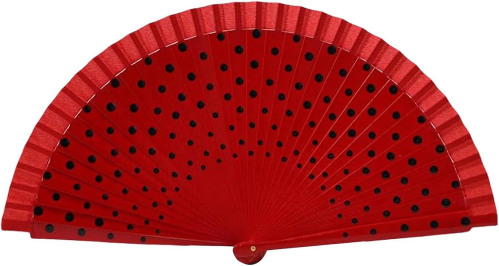 Hand Fans Foldable, Spanish Fan with Smooth Opening, Hand-Painted Dance Fans with Red Polka Dot Design on Cotton, Wooden Handle Foldable Fan for Flamenco Performances, Spanish