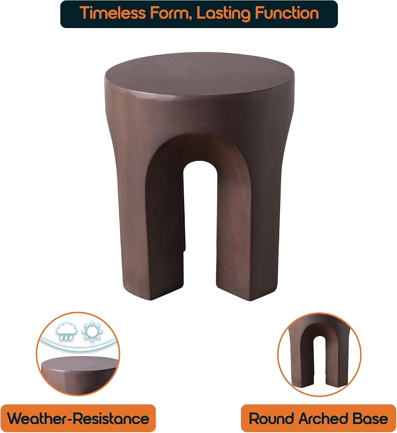 LeisureMod Round Side Table in Fiberstone with Arched Base Design Compact Weather-Resistant for Modern Home, Living Room, Bedroom, Patio Crus Collection (Wood Brown)