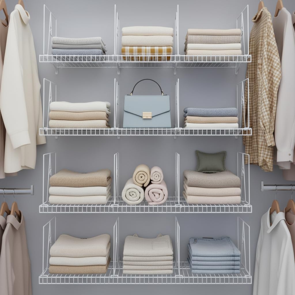 Wire Shelf Dividers - White Closet Organization & Storage Organizer - No Tool Shelf Divider for Wire Shelves - Metal Shelf Accessories – for 12“ Deep Wire Shelves – Tall 12” Height – 8 Pack