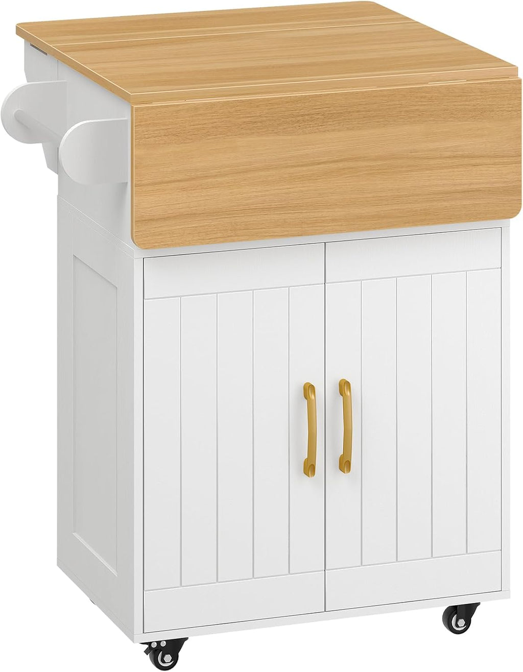 MAHANCRIS Kitchen Island on Wheels, Rolling Island Cart with Drop Leaf, Mobile Kitchen Island with Storage, Kitchen Island Table with Adjustable Shelf and Hooks, for Kitchen White and Natural KIBN9801