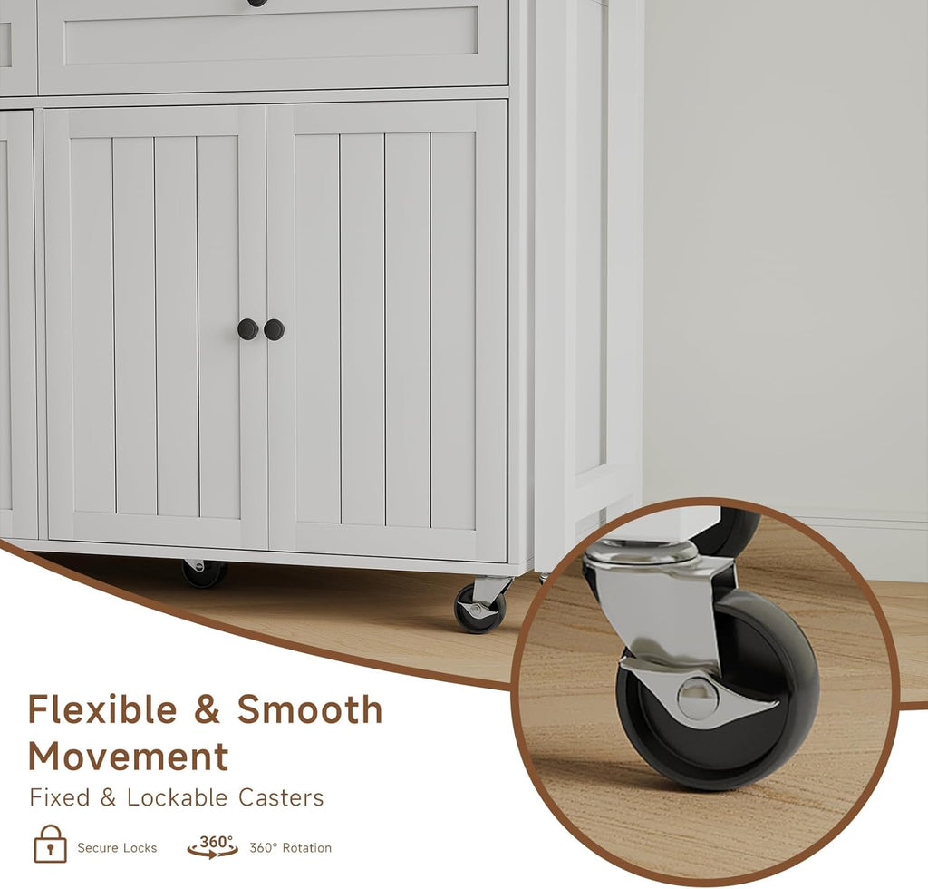 Kitchen Islands with Storage, Kitchen Island on Wheels with Extendable Dining Table and Power Outlet, Rolling Island Cart with Trash Cabinet, Spice Rack & Towel Rack, White