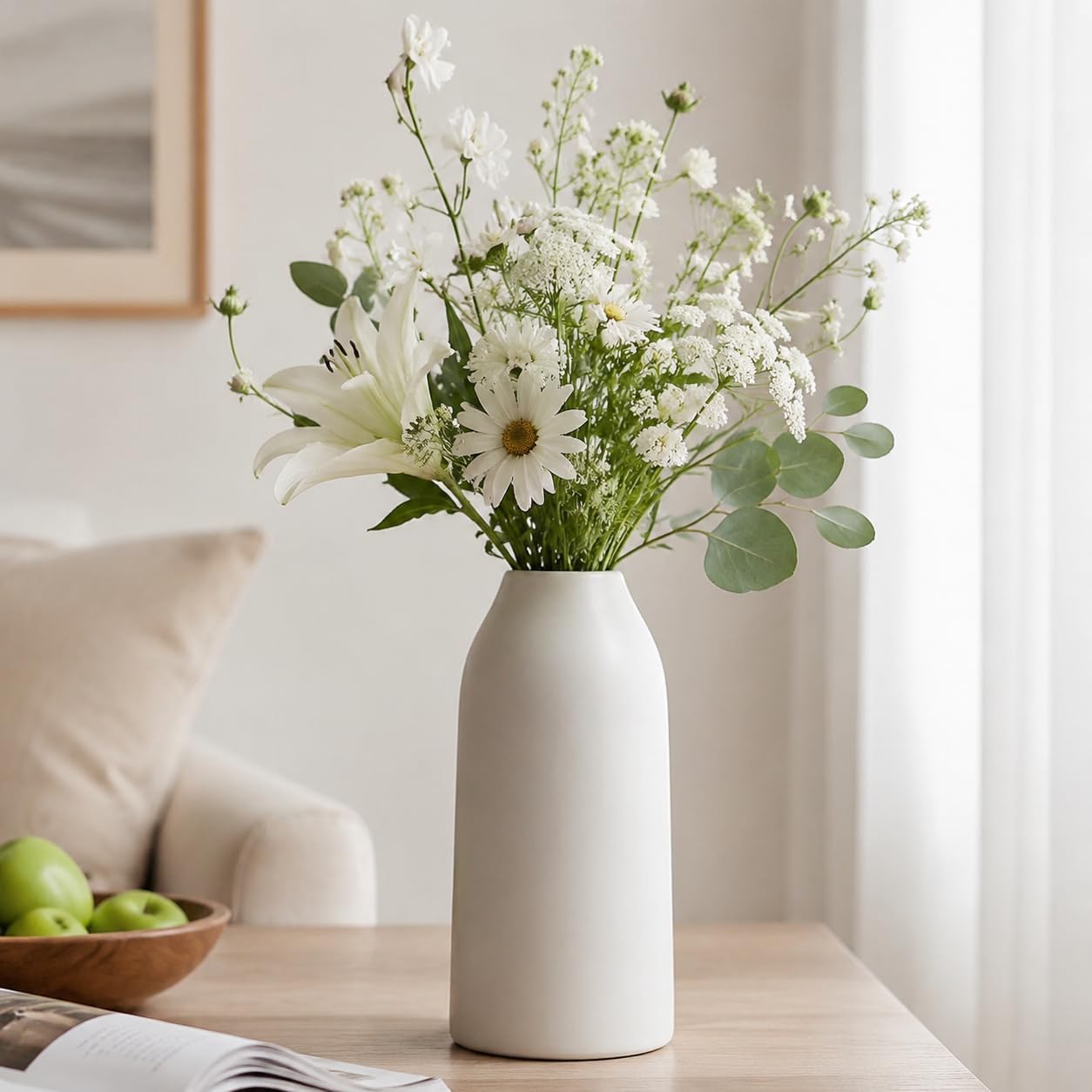 hjn 12 Inch White Ceramic Vase for Flowers, Matte Tall Modern Vase for Decor Minimalist Flower Vase for Home Decor Living Room Tabletop Centerpiece
