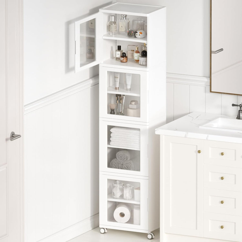 Vtopmart 63.2" Tall Slim Bathroom Storage Cabinet with 4 Adjustable Shelves and 4 Doors, Freestanding Narrow Cabinets Organizer with Wheels and Anti-tip for Laundry, Kitchen, Pantry, White