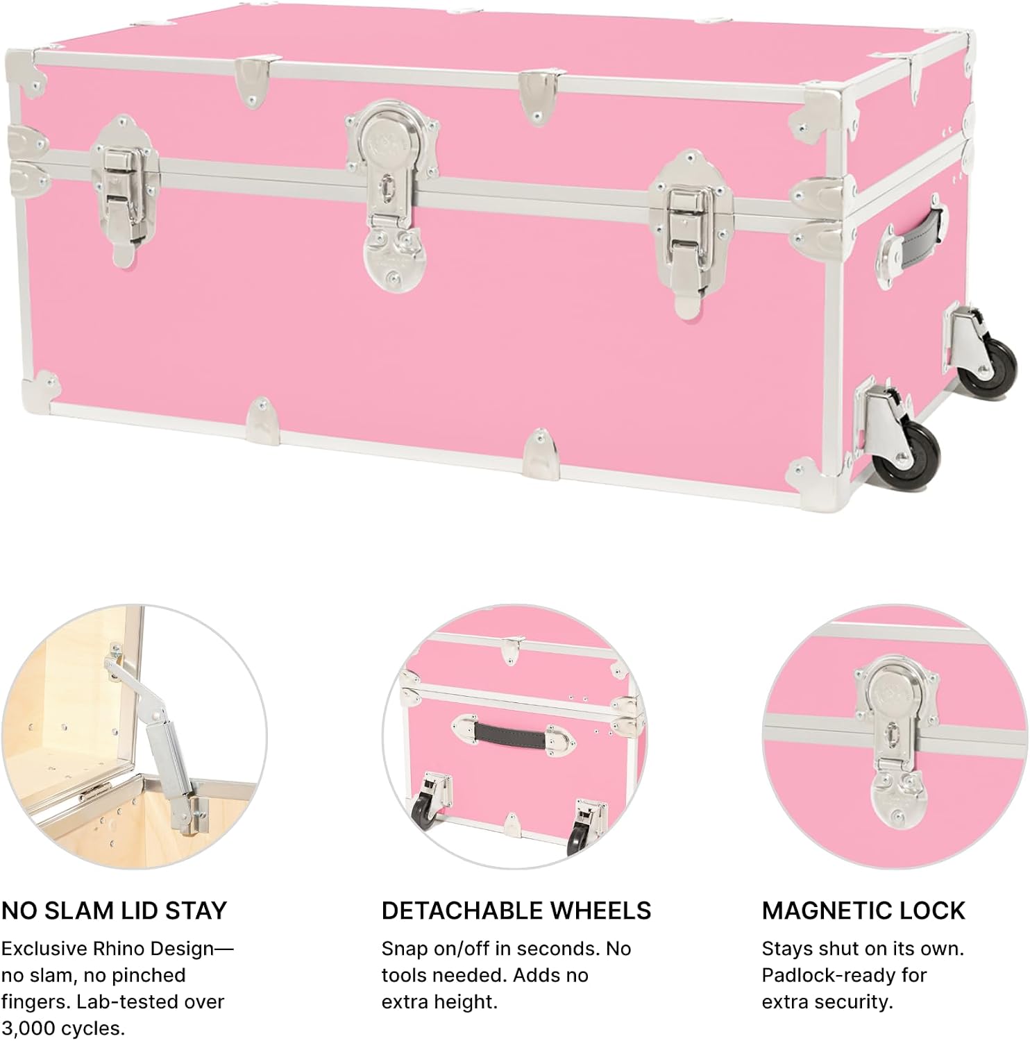 Rhino Trunk & Case Classic Camp & College Trunk with Wheels. 30"x17"x13", 1500+ lbs Capacity - Many Colors, Soft-Close Lid. Strong, USA Made Summer Camp Footlocker and Secure Dorm Storage Chest