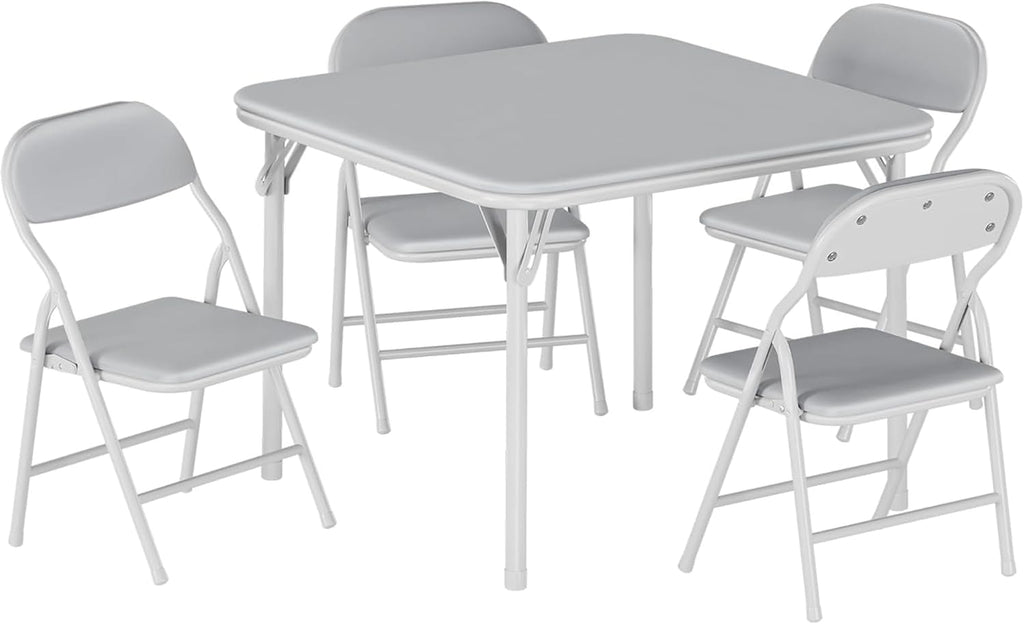 5-Piece Set Kids Folding Table and Chairs Set, Portable No-Assembly Dining Set with PU Cushion, for Boys Girls Eating Reading Playing -Gray