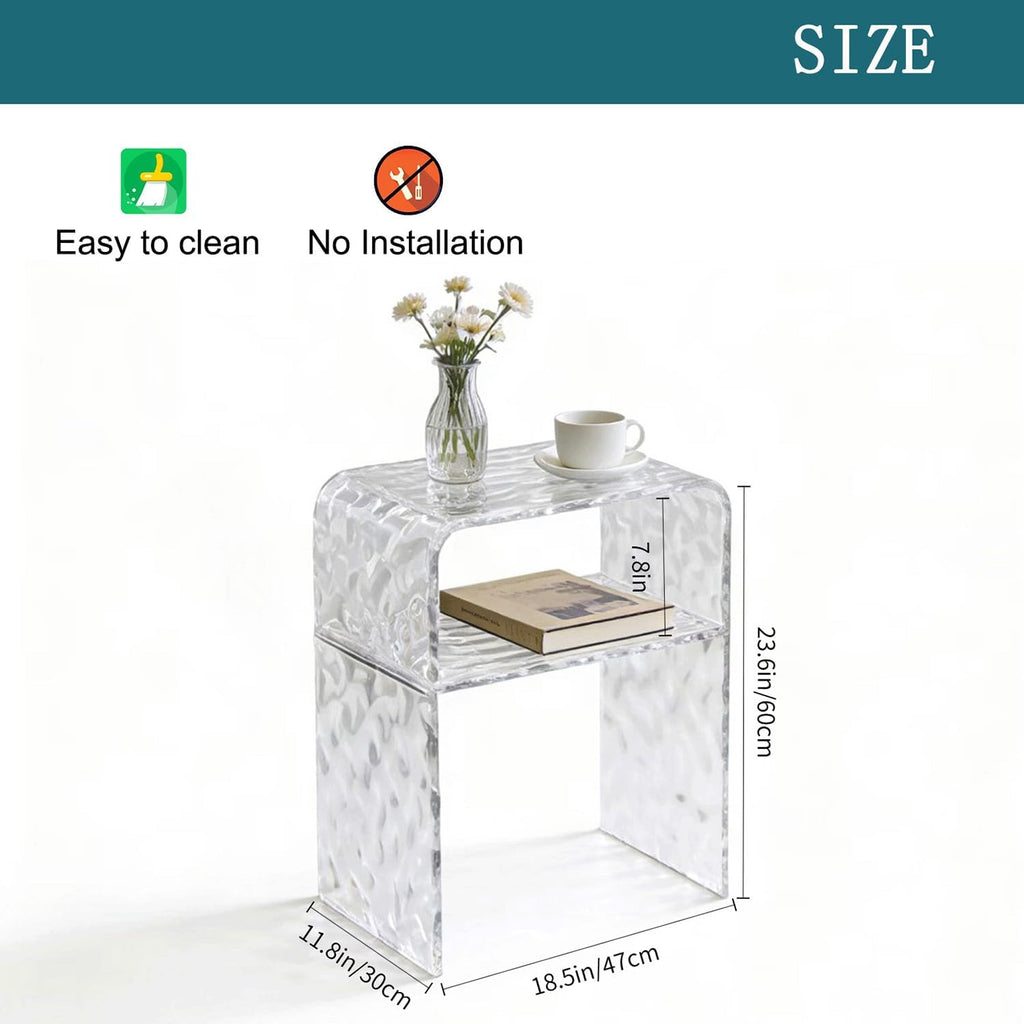 Acrylic 2-Tier End Table – 23.6”H Modern Nightstand with Shelf, Sturdy Bedside Storage for Bedroom, Living Room, Home Office, No Assembly Required (Water Ripple)
