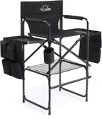 OmySalon Tall Folding Directors Chair with Side Table Storage Bag, Aluminum Frame 300 lbs Capacity, Portable Makeup Artist Bar Height, 19.7" D x 24.6" W x 45.7" H(Black)