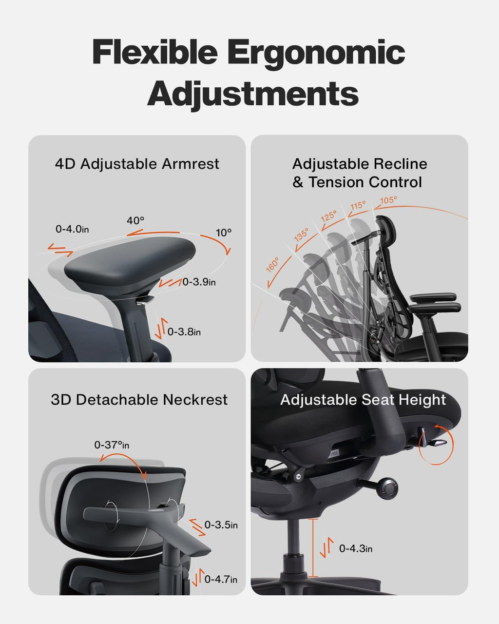 LiberNovo SE Dynamic Ergonomic Office Chair, Comfy Desk Chair with Manual Lumbar Adjustment, 105°-160° Five Lockable Recline Positions for Back Comfort, Home Office Long Hours Use, Obsidian, 48cm