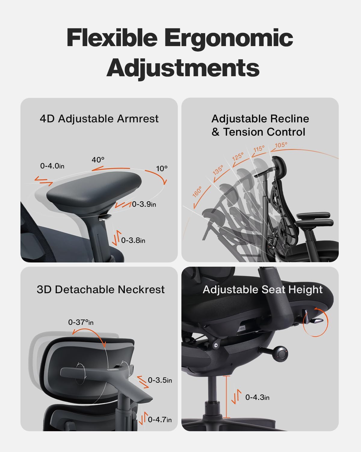LiberNovo SE Dynamic Ergonomic Office Chair, Comfy Desk Chair with Manual Lumbar Adjustment, 105°-160° Five Lockable Recline Positions for Back Comfort, Home Office Long Hours Use, Obsidian, 48cm