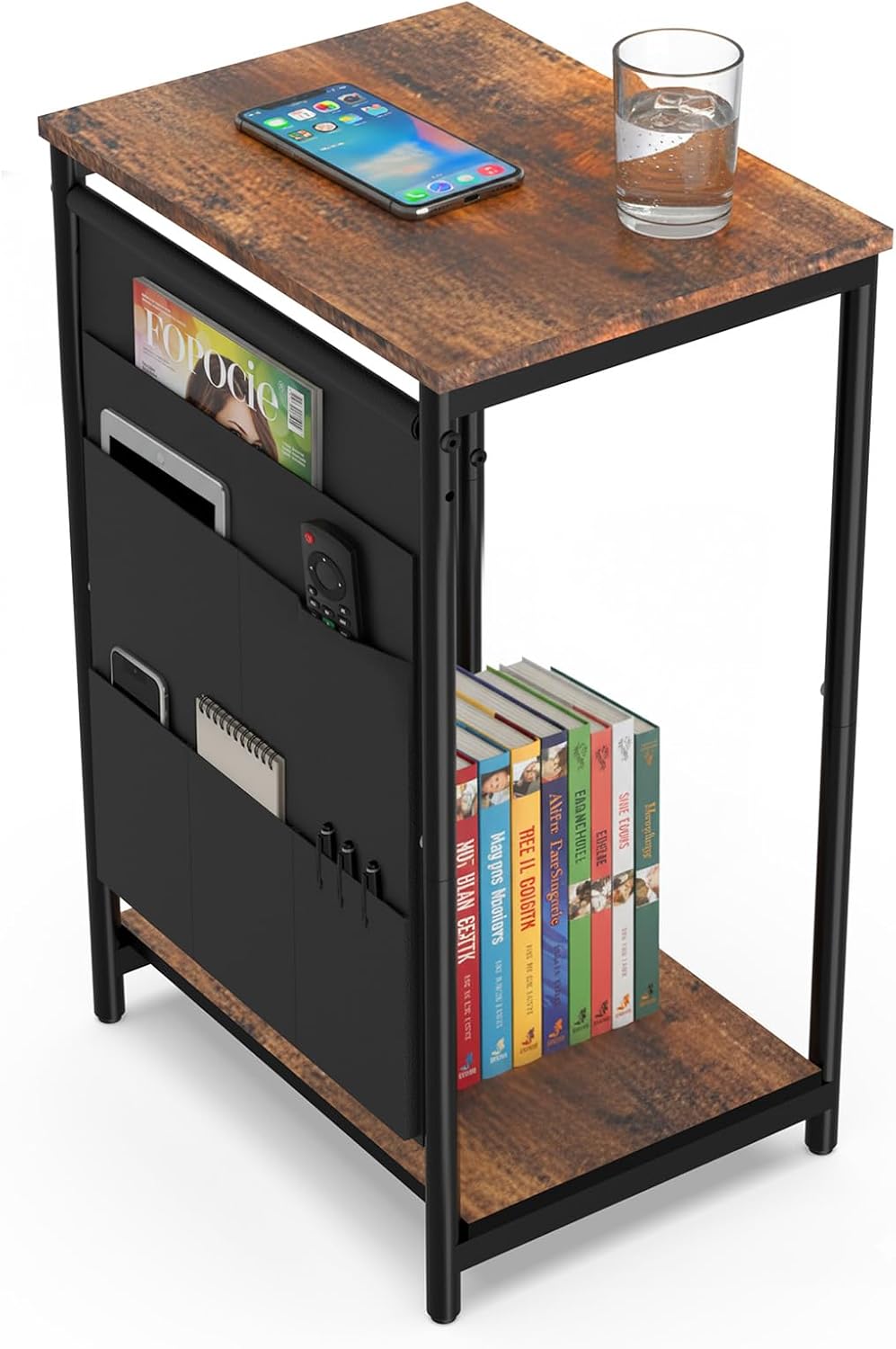 Small Narrow Side Table,Slim End Table with Storage Pockets for Small Spaces,Living Room,Bedroom,Sofa Couch,Office,Skinny Nightstands with 2 Tiers Open Storage,Rustic Brown