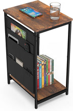 Small Narrow Side Table,Slim End Table with Storage Pockets for Small Spaces,Living Room,Bedroom,Sofa Couch,Office,Skinny Nightstands with 2 Tiers Open Storage,Rustic Brown