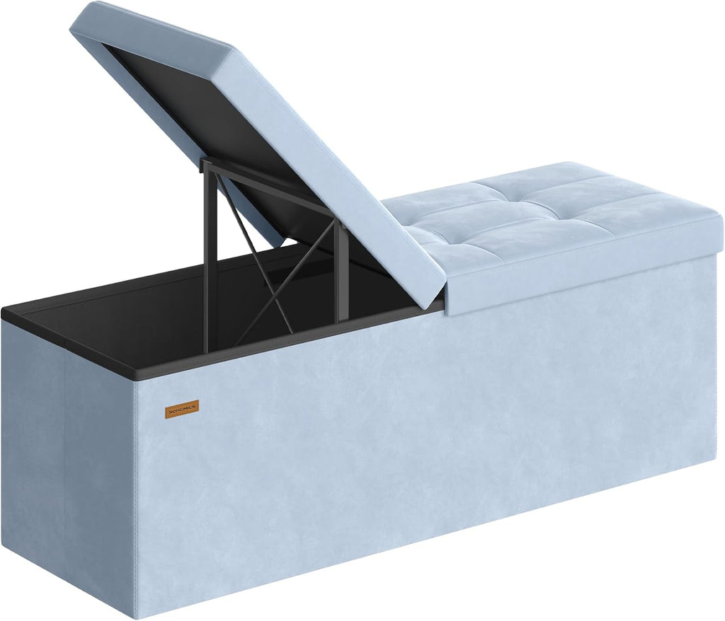 SONGMICS Mazie Collection - 43 Inches Storage Ottoman, Foldable Storage Bench with Flipping Lid, 660 lb Load Capacity, for Entryway, Living Room, Bedroom, Velvet Fabric, Pale Blue ULSF078QQ03