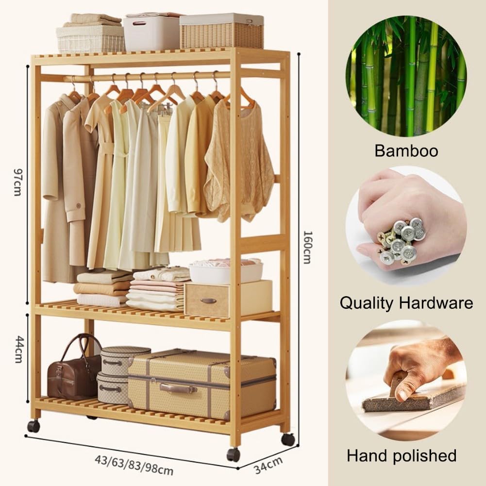 Bamboo Open Wardrobes with Wheels,Stable Clothes Rail with Rod and 2 Storage Shelves,for Hanging Clothes,Clothes Rack for Bedroom Entryway Bathroom Office,43/63/83/98 * 34 * 160cm
